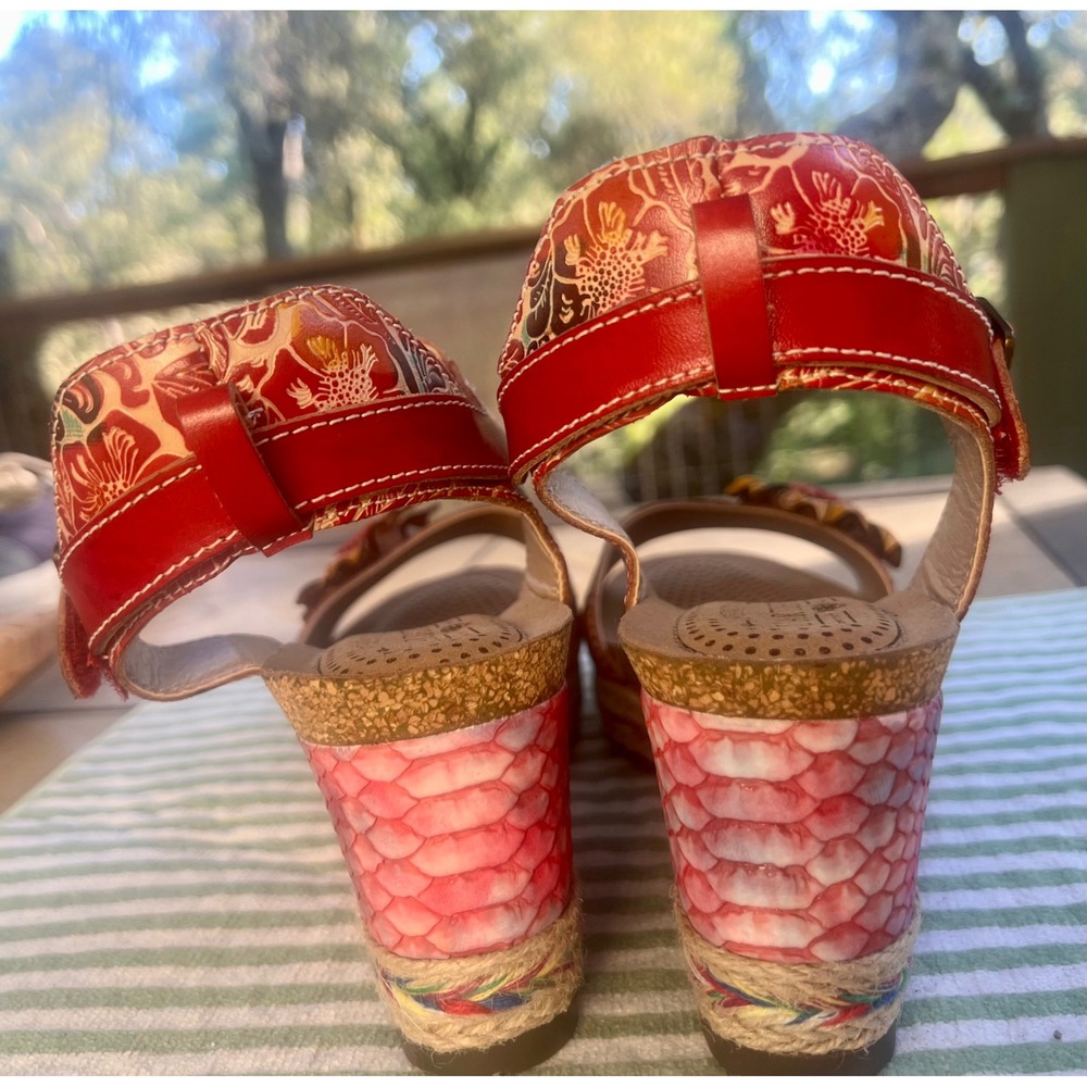 Spring Step LArtiste Red Floral Leather Wedge Sandals Sunflower Womens 39 NEW - Picture 5 of 8